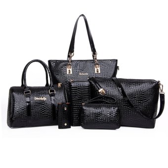 360DSC Fashion Lady 6 Piece Alligator Pattern Lash Package Multiple Purse Key Case Crossbody Bag Shouler Handbag - Black- INTL