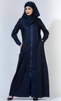 East Essence Front Open Denim Embroidered Abaya/ Jilbab-Blue