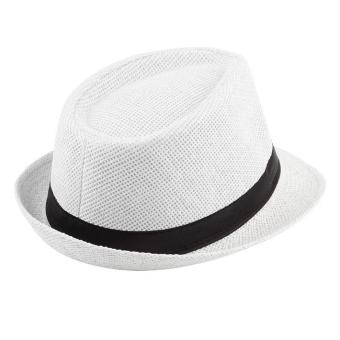 C1S Unisex Summer Beach Cap Wide Brim Trilby Fedora Jazz Straw Outdoor Sun Hat(Beige White) - intl