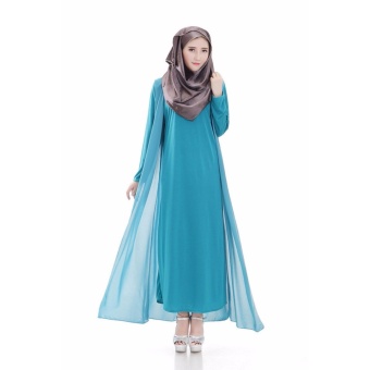 COCOEPPS Fashion Women Muslim Wear Dresses Baju Kurung False Two-piece Chiffon Long Sleeve Maxi Dress Green - intl