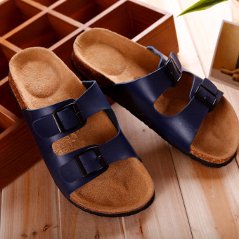 4ever 1 Pair of Lovers Leather Casual Slip-resistant Sandals Summer Beach Slippers (Blue) - Intl