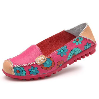 2016 Cow Muscle Summer Flower Print Women Genuine Leather Flat Flexible Peas Loafer Flats Shoes(Pink)