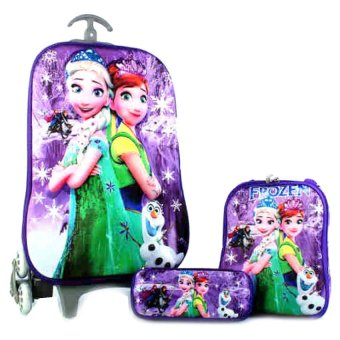 BGC Disney Frozen Fever Elsa Purple Snow Anna Koper Set Troley T Samurai + Lunch Box + Kotak Pensil 3D Hard Cover Tas Anak Sekolah