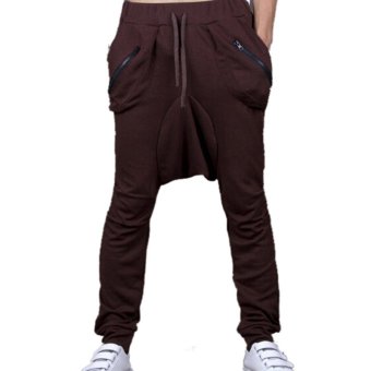 Yazilind Men Brown Casual Sportswear Trousers Harem Pants Baggy Slacks Jogger Dance Sweatpants Size L