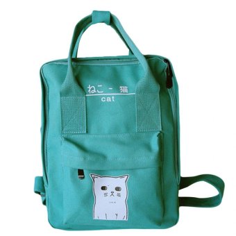 EOZY Japanese Style Backpack Cute Cat Printed Canvas Shoulder Bag Tote Bag (Lake Blue)