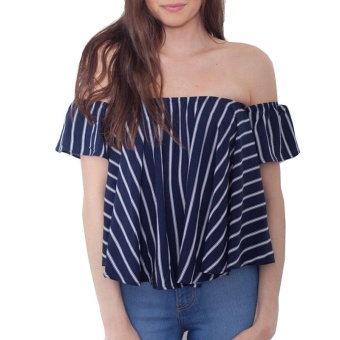 Jiayiqi Women Summer Fashion Off Shoulder Stripe T-shirts Ruffle Half Sleeve Tops Navy Blue - intl