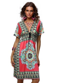 Fashion Vintage Flora Print Beach Casual Dresses National Style V-Neck Bohemian Maxi Dresses Long Summer Traveling Holiday Wild Dress Red YM-11R