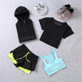 Ladies's Sportswear Running Suit Four-pieces Women Sports Yoga Fast Dry Clothes Include Mesh Jackets，Mesh T-shirts，Bras，Shorts. - intl