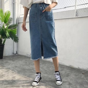 BIGCAT High waist long skirt Korean style slim retro skirt open fork denim skirt - intl