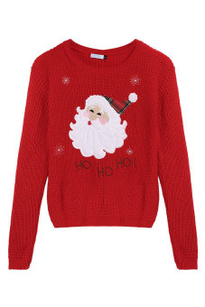 Azone Arshiner Girl Christmas Cute Santa Embroidered Knitted Pullover Sweater (Red) 