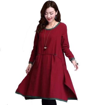 Womens Casual Cotton Linen Autumn Loose Long Sleeve Shirt Dress Red Fashion - Intl