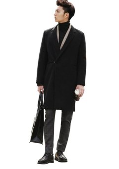 Men Slim Trench Coat Winter Outwear Mid Long Korea Jacket Overcoat Black - Intl