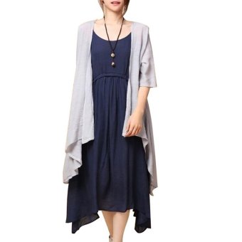 2 pcs Women Summer Boho Long Maxi Evening Party Dress Beach Dresses + Coat Dark Blue & Gray - Intl