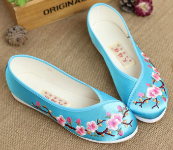 Women's Embroidered Single Shoes Flower Flat Shoes Blue