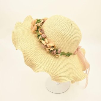 Women Straw cap Flowers ribbon hat Large brimmed hat Anti-UV sunhat Foldaway hat Lady travel beach hat Khaki - intl