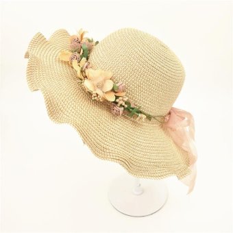 Women Straw cap Flowers ribbon hat Large brimmed hat Anti-UV sunhat Foldaway hat Lady travel beach hat Beige - intl