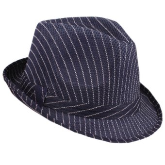 EOZY Fashion Men Women Panama Hats Fedora Soft Caps Vogue Unisex Summer Beach Stripe Pattern Stingy Brim Hats (Navy) (Intl)