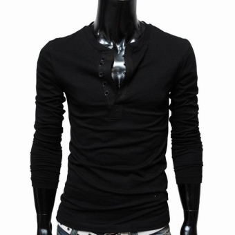 GE Men Single-breasted Long Sleeve Round Neck T-shirt Tee Primer Shirt (Black)
