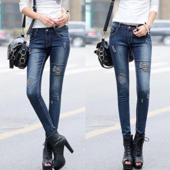 QQ Embroidered patch jeans Dark Blue - intl