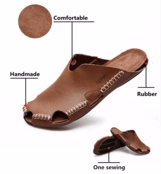 Men's Genuine Leather Summer Beach Slippers Soft Sandals Shoes Brwon