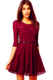 Hotyv Elegant Short Pleated Tunic Lace Dress HDS006 Red