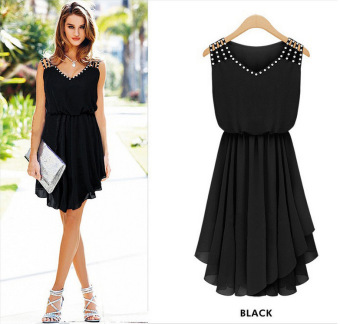 Kisnow Slimy Chiffon Diamond Midi Dresses(Color:Black) - intl