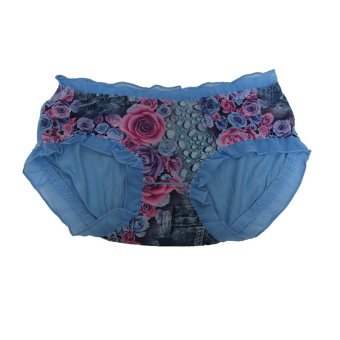 EELIC 6841 Celana Dalam Wanita, Warna Biru, Desain Renda Halus Dengan Motif Bunga-bunga