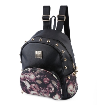 Rose Print Letter Rivet Embelllishment Spoon Zipper Head Dual Purposes Backpack Portable Bag (random color) (Pink) - intl