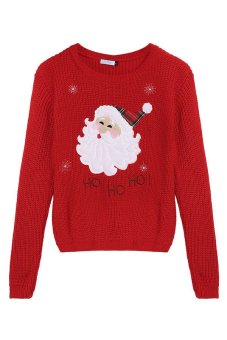 Cyber Arshiner Girl Christmas Cute Santa Embroidered Knitted Pullover Sweater (Red)