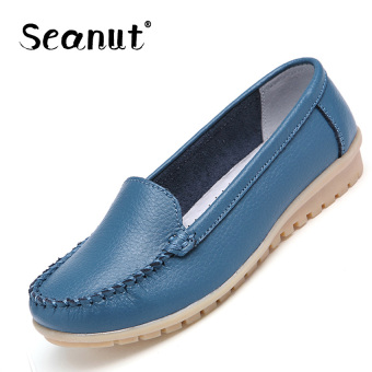 Seanut Women Leather Shoes Slip-on Moccasin Mom Anti-skid Loafers (Blue) - intl