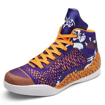 Men and Women's Couple Purple Color Block Graffiti Plus Size High Top Sneakers Damping Basketball Shoes - intl