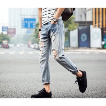 QQ Men's leisQQe slim hole jeans Light blue - intl