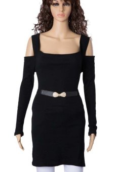 Generic Square Neck Shoulder Long Sleeve Slimming Ribbed Dress (Black) - Intl
