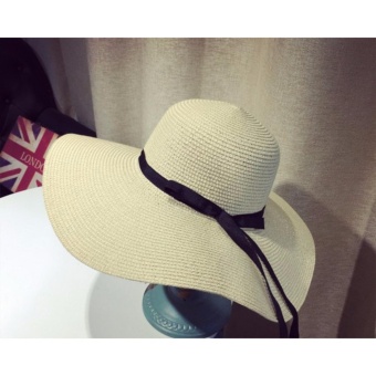 Fengsheng New Women Ladies Summer Wide Brim Straw Hat Floppy Derby Beach Sun Foldable Cap Creamy-White
