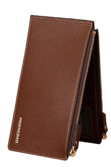 Yazilind Brown Long Genuine Leather Wallets Money Clip Card Holder Case Men Zipper Wallets Purses (intl)