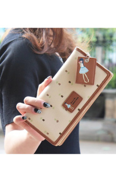 Fashion wanita dompet panjang wanita tas Zip kopling dompet pemegang kartu krem - International