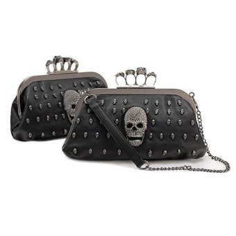 Broadfashion Women Skull Heads Knuckle Chain Ring Handbag Faux Leather Bag Clutch Purse - intl