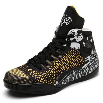 Men and Women's Couple Black Color Block Graffiti Plus Size High Top Sneakers Damping Basketball Shoes - intl