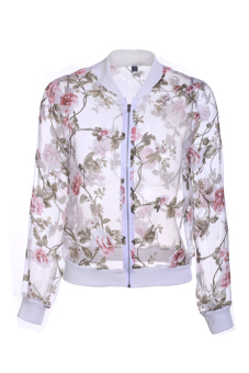 GE Summer Fashion Women Long Sleeve Floral Zip Coat Organza Sheer Jacket Tops One size(White)
