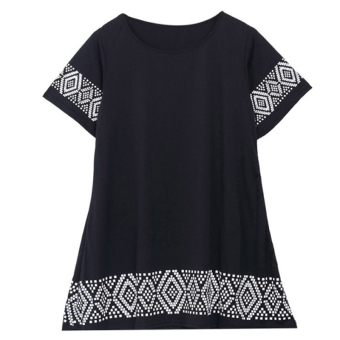 Cocotina Womens Short Sleeve Sundress Round Neck Geometric Retro Casual Mini Shift Dress (Black)