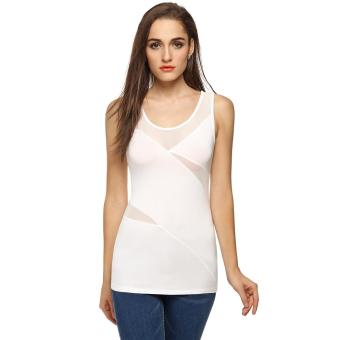 C1S Mesh Patchwork Slim T-Shirt Sleeveless Tops(White)