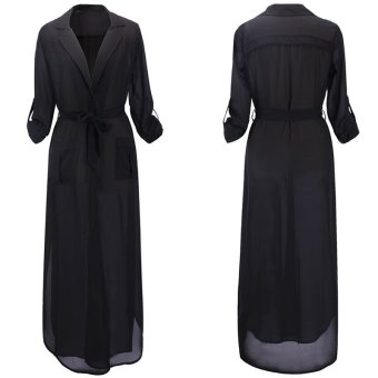 Cocotina Women Long Sleeve Solid Color Split Tunic Party Evening Casual Long Maxi Shirt Dress (Black)