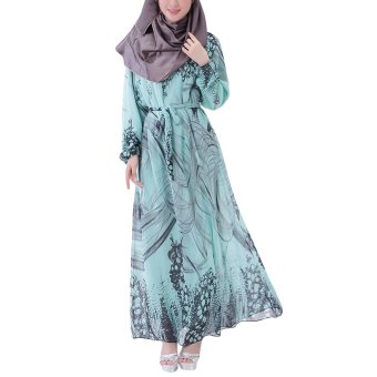 Niyatree Muslim Church Muslimah Women Waist-Strap Printing & Dyeing Long Dress - Blue