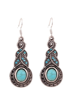 Yazilind Water Drop Turquoise Embellishment Hollow Tibetan Silver Earrings Eardrop