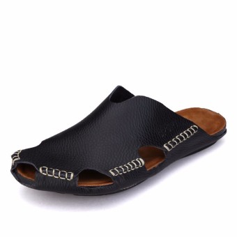 Men's Genuine Leather Summer Beach Slippers Soft Sandals Shoes Black