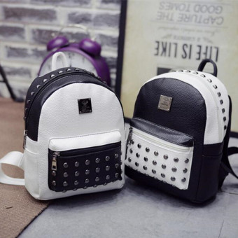 2016 New Women's Fashion Rivet Backpacks School Bags for Teenagers PU Black with white Backpack Famous Brands Leather Backpack - intl