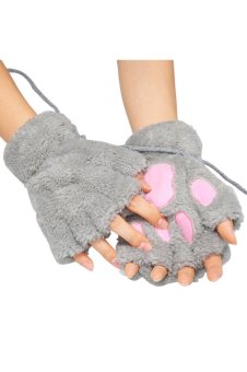 SuperCart Arshiner Women Girls Comfy Soft Plush Cat Bear Paw Claw Design Winter Fingerless Gloves (Grey) 
