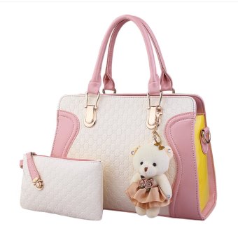 360DSC Fashion Women PU Leather Smile Tote Handbags Shoulder Crossbody Bag with Cute Bear Pendant (Pink + Beige)- INTL