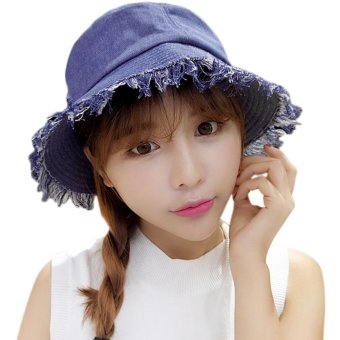 Popular Denim Bucket Hat With Tassel Brim Packable Summer Cool Jeans Cap For Lady Teenage Girl Women, Deep Blue - intl
