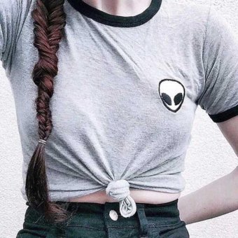 Women Hipster Harajuku Cute Stripe Short Sleeve Cotton Tshirts Crop Top Tee Alien Embroidery T Shirt - intl